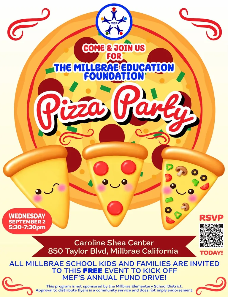 Dough-ing Good pizza party flyer — September 2, 2026, 5:30–7:30 PM at the Caroline Shea Center, 850 Taylor Blvd, Millbrae