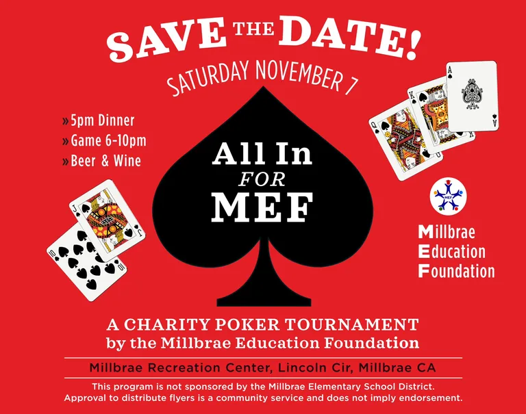 All In for MEF charity poker tournament flyer — November 7, 2026 at the Millbrae Recreation Center